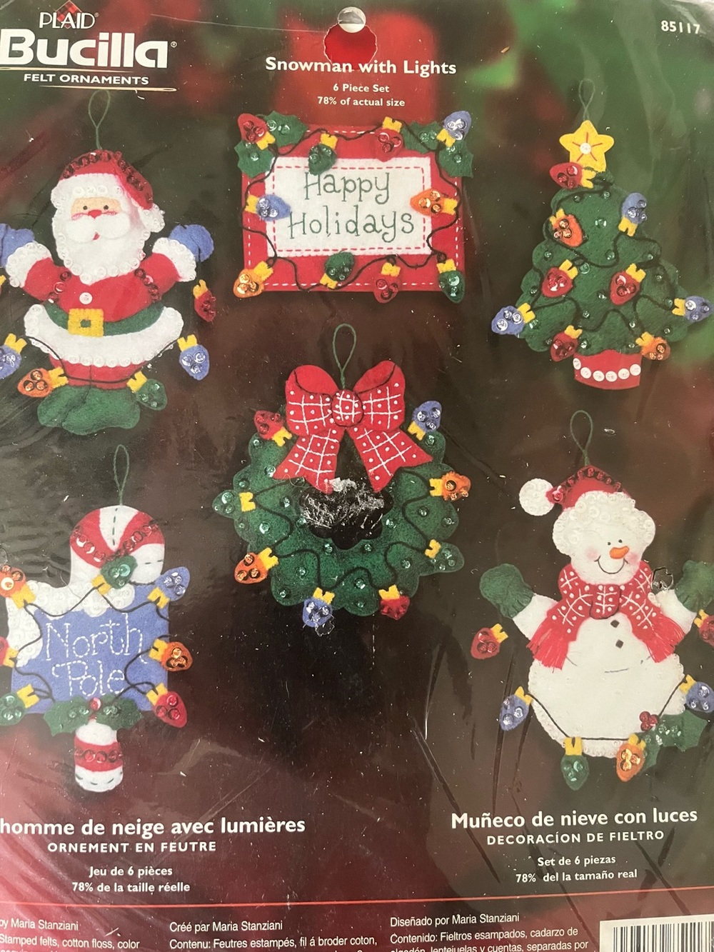Bucilla Red & Green Felt Holiday Ornament Set “Snowman with Lights” Kit